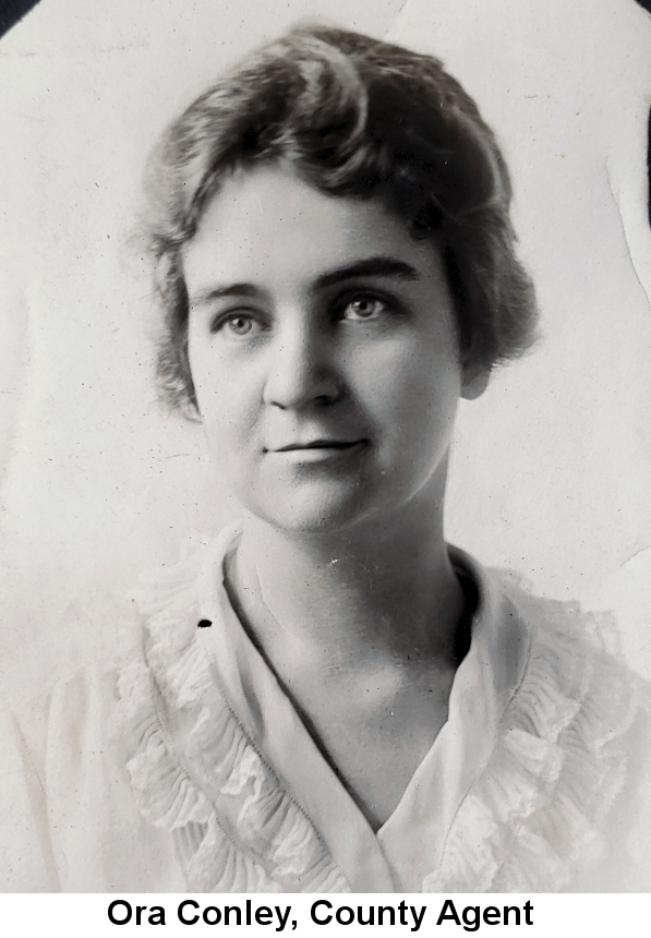 Black and white studio portrait of Ora Conley, a young woman with softly-curled dark hair wearing a lace-trimmed white blouse.